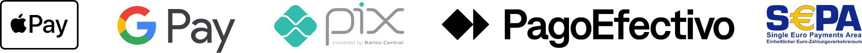 We accept Apple Pay, Google Pay, Pix, PagoEfectivo, and SEPA